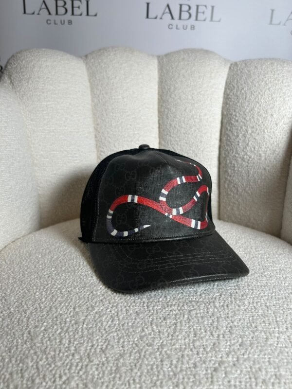 Gucci GG Supreme kingsnake trucker cap in black, front view