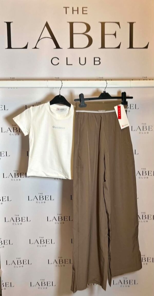 Lululemon mocha crop tee and wide-leg pants set, full outfit