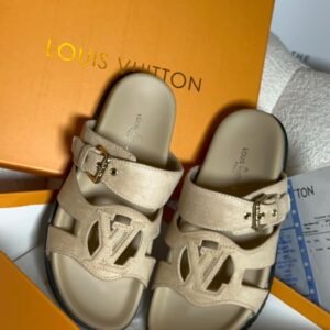 Louis Vuitton LV buckle slides in beige suede