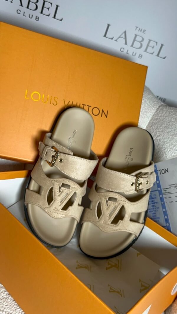Louis Vuitton LV buckle slides in beige suede