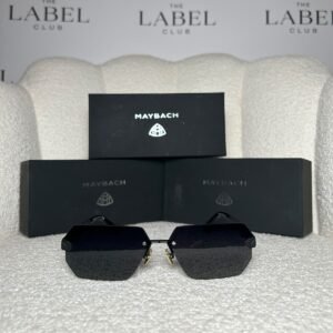 Black rimless angular sunglasses with dark smoke lenses