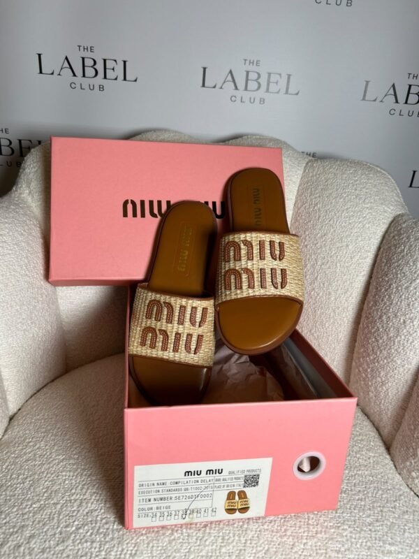 Miu Miu raffia logo slides in tan