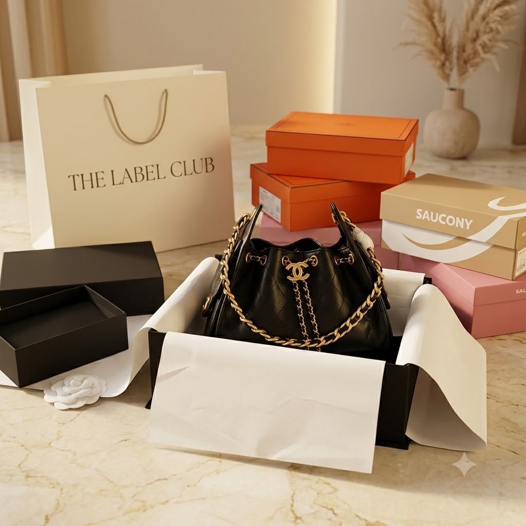 Unboxing scene with The Label Club shopping bag, designer boxes and a black handbag