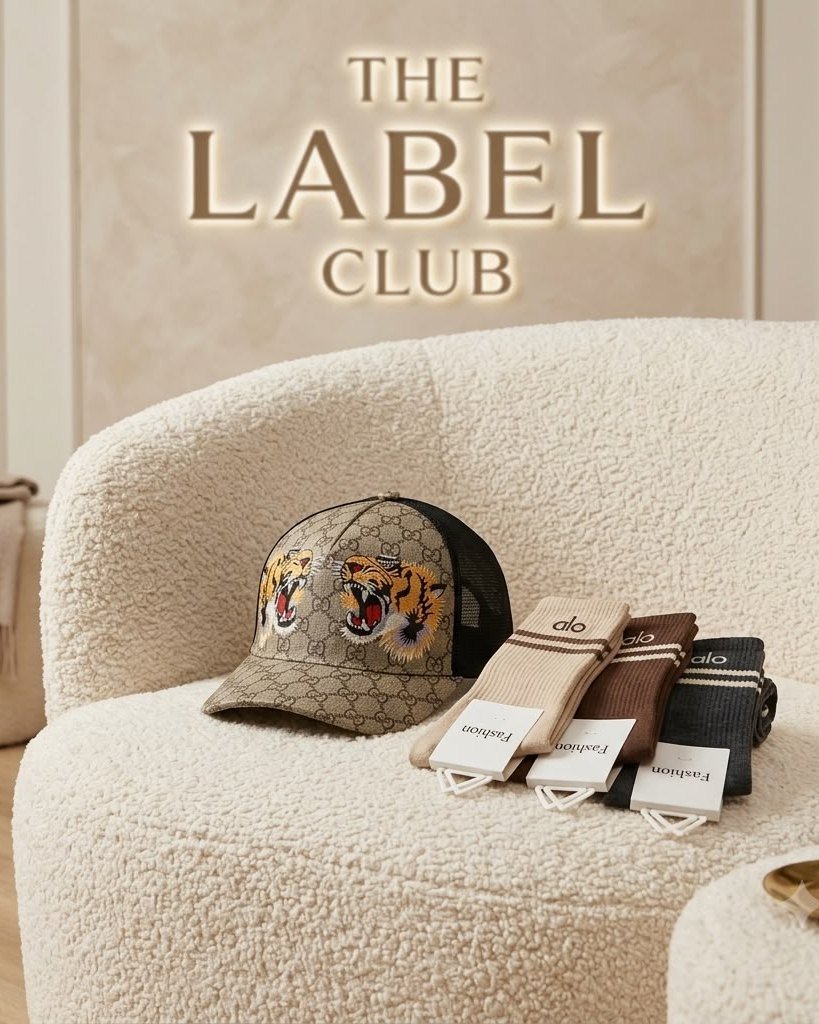 Designer cap and socks on a boucle sofa in The Label Club lounge