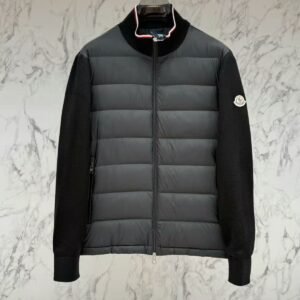 Moncler Tibb Padded Cardigan in black — down-filled quilted front panel with knitted sleeves