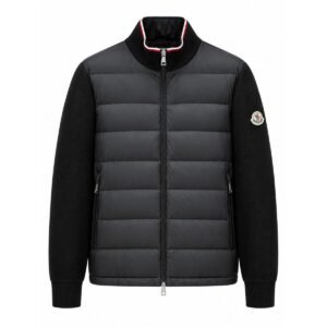 Moncler Padded Cardigan in black — down-filled quilted front panel with knitted sleeves and tricolour collar