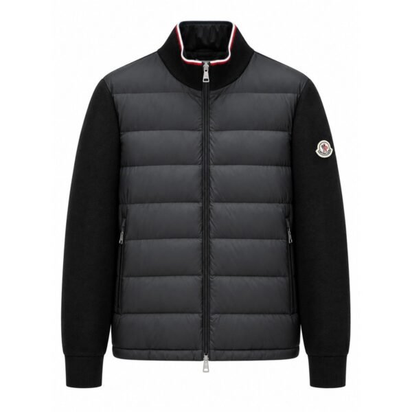Moncler Padded Cardigan in black — down-filled quilted front panel with knitted sleeves and tricolour collar