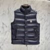 Moncler Tibb down gilet in navy — glossy quilted nylon with stand collar and chest logo patch